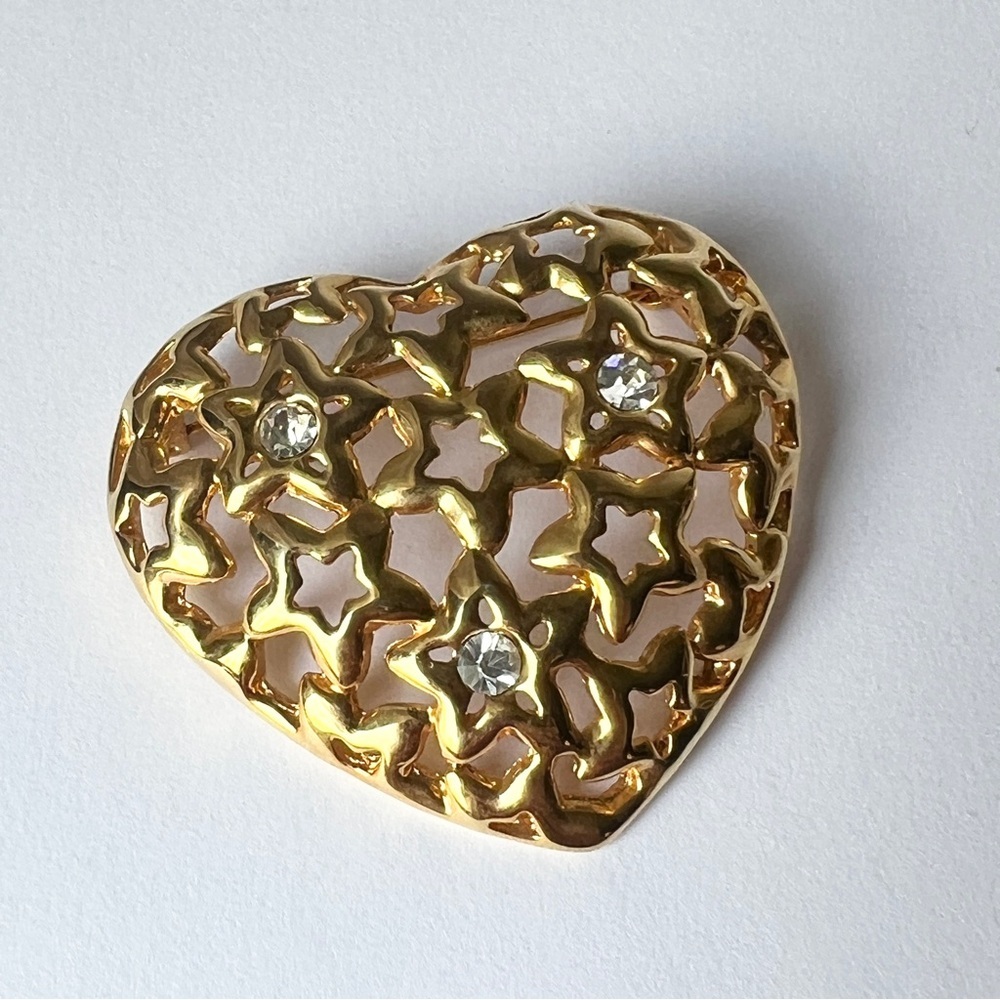 Gold Heart Brooch with Star Cutouts and Clear Rhinestones